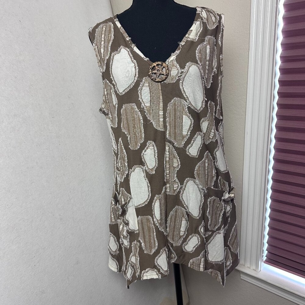 Kaktus L Brown Patchwork Sharkbite Tunic Top V-Neck Sleeveless Pockets Boho